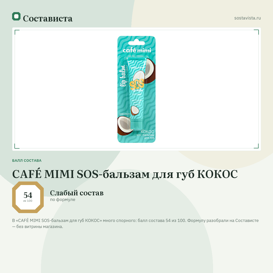 CAFÉ MIMI SOS-бальзам для губ КОКОС: балл состава 54 из 100 — Состависта