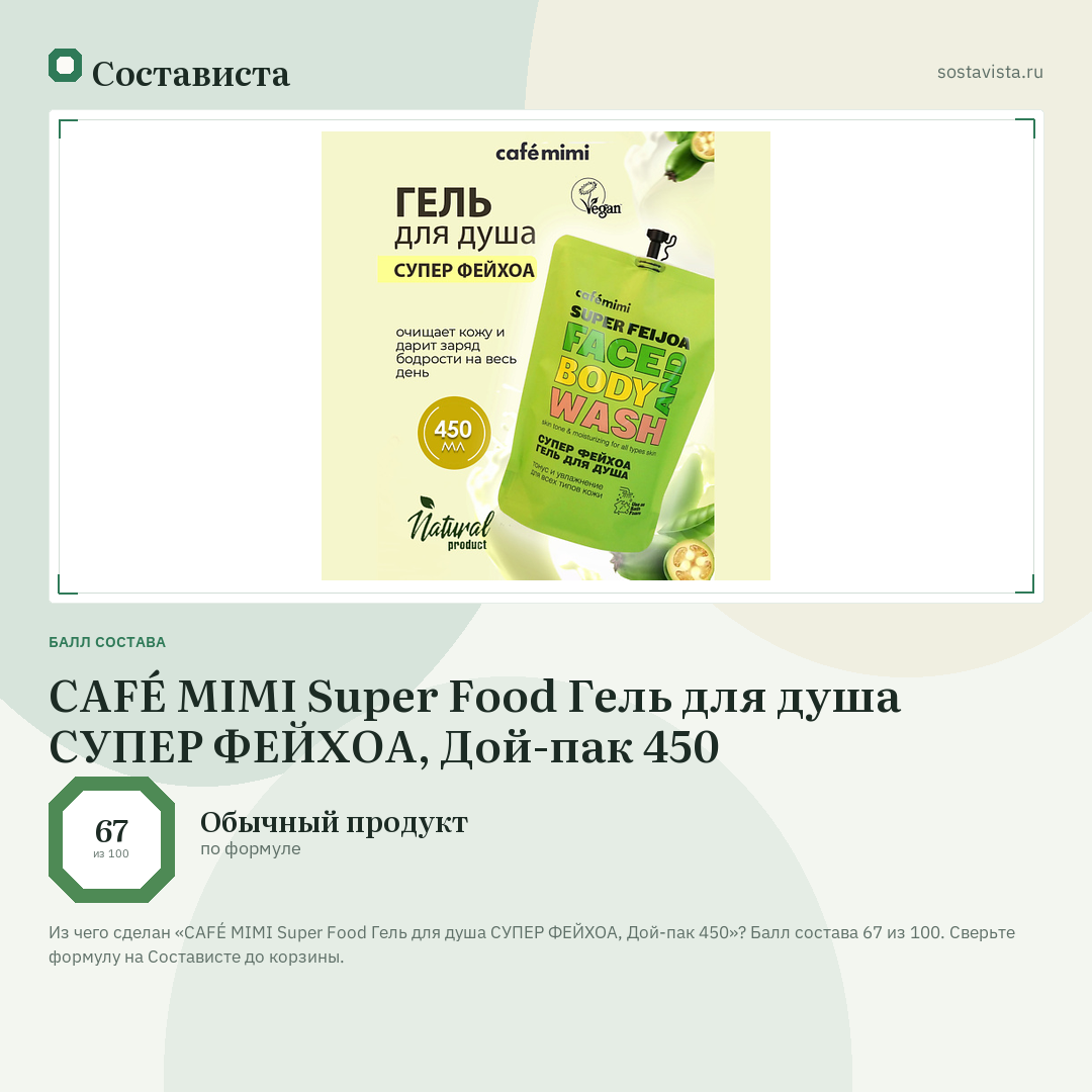 CAFÉ MIMI Super Food Гель для душа СУПЕР ФЕЙХОА, Дой-пак 450: балл состава 67 из 100 — Состависта
