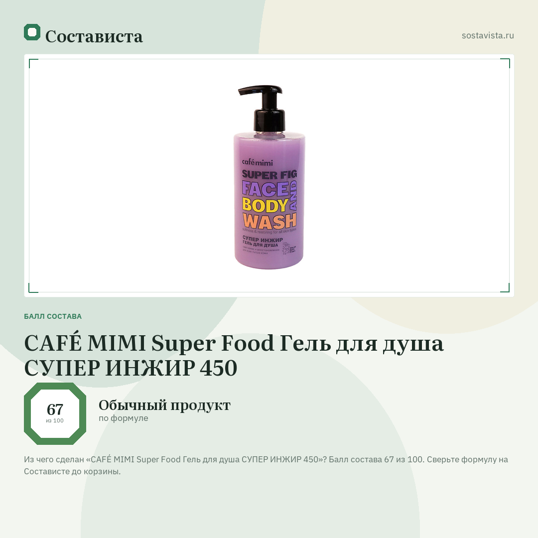 CAFÉ MIMI Super Food Гель для душа СУПЕР ИНЖИР 450: балл состава 67 из 100 — Состависта