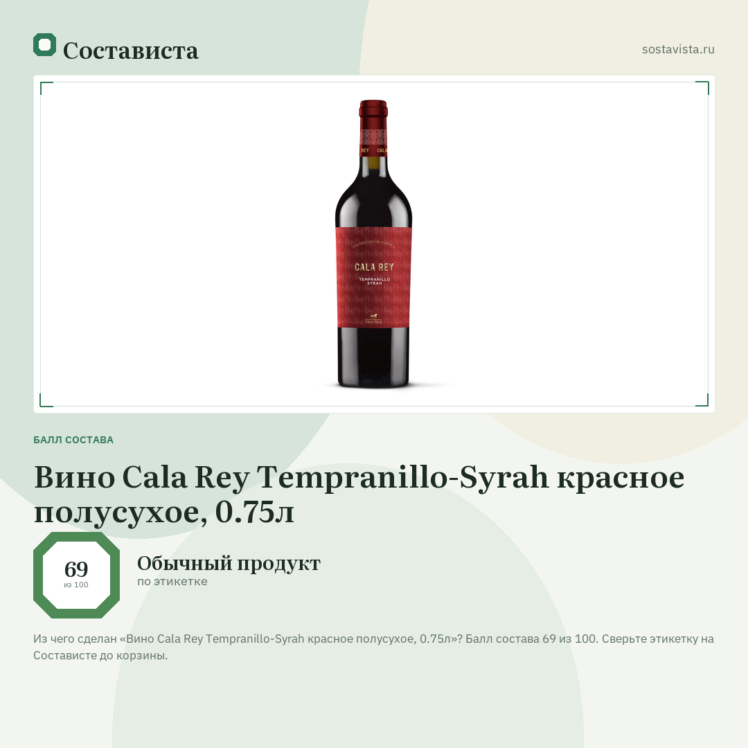 Вино Cala Rey Tempranillo-Syrah красное полусухое, 0.75л: балл состава 69 из 100 — Состависта
