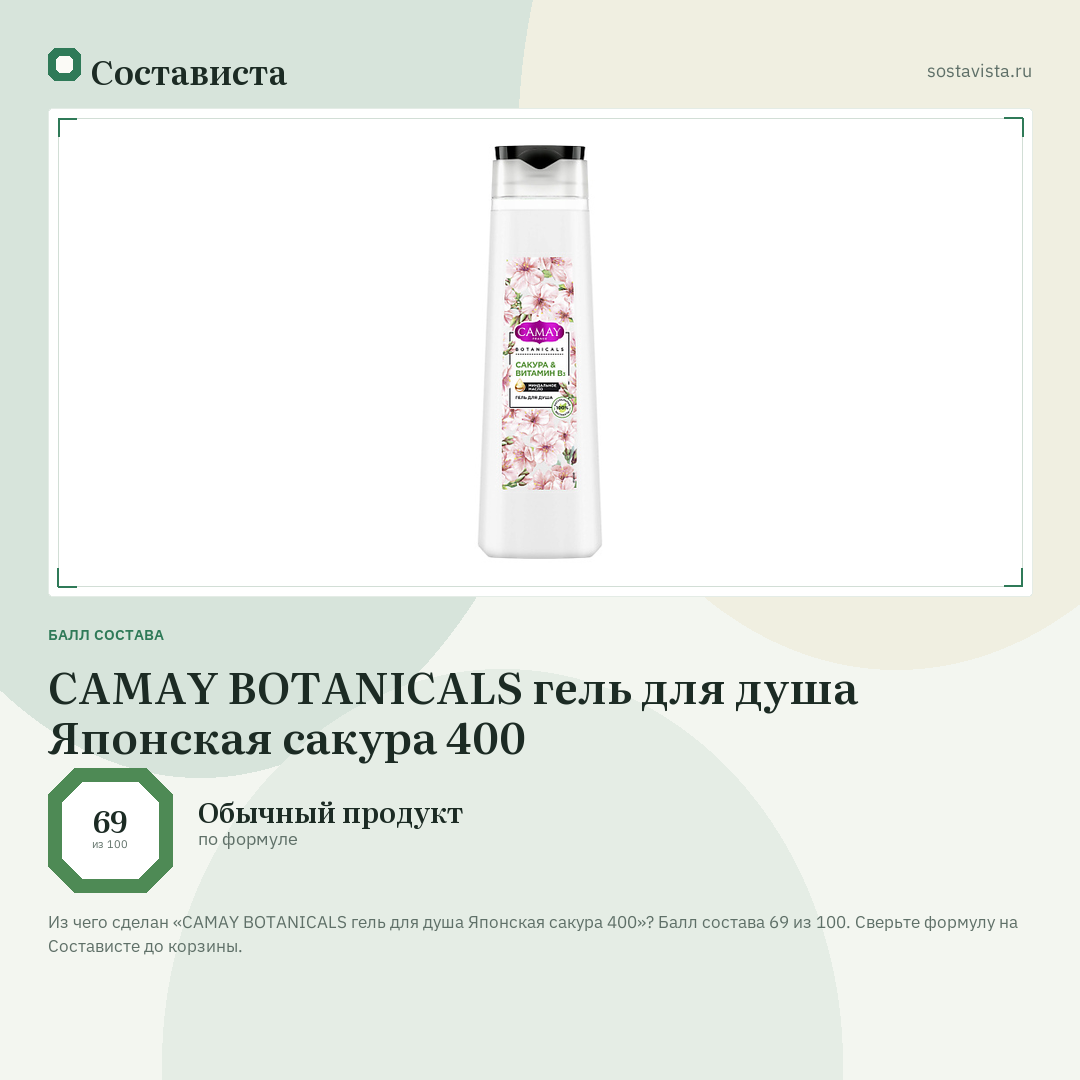 CAMAY BOTANICALS гель для душа Японская сакура 400: балл состава 69 из 100 — Состависта