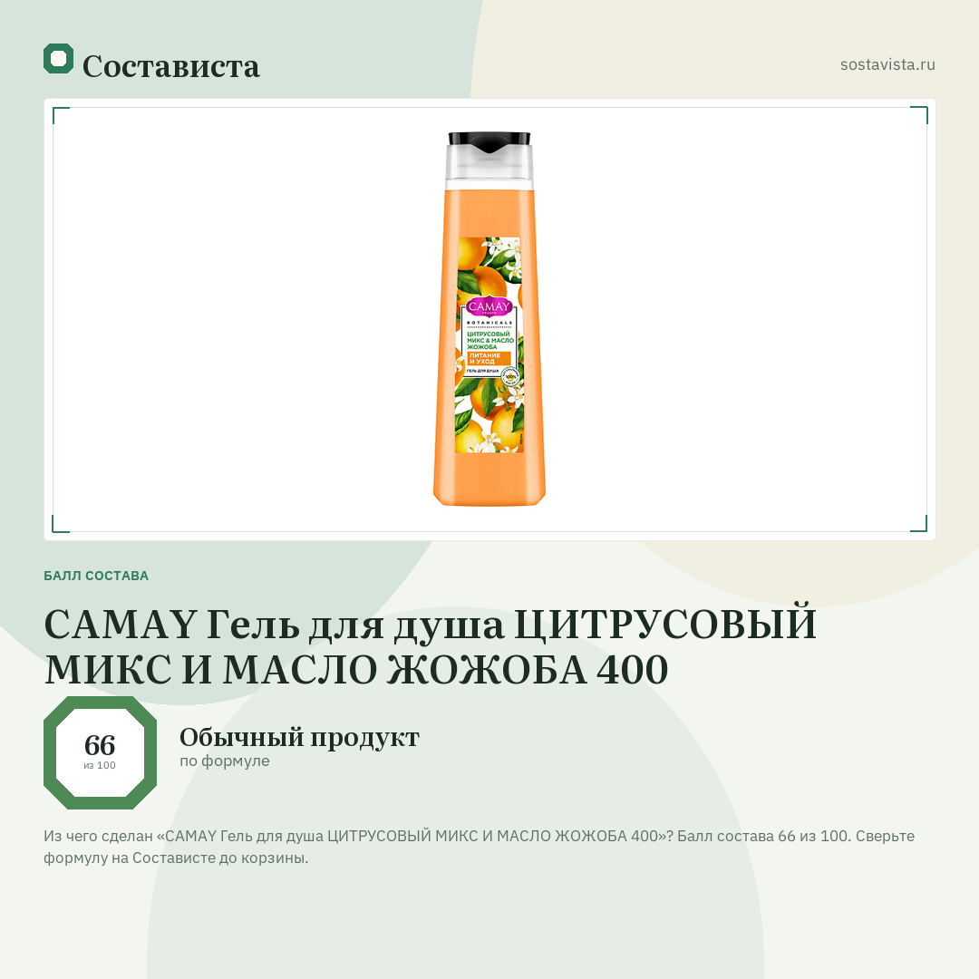 CAMAY Гель для душа ЦИТРУСОВЫЙ МИКС И МАСЛО ЖОЖОБА 400: балл состава 66 из 100 — Состависта