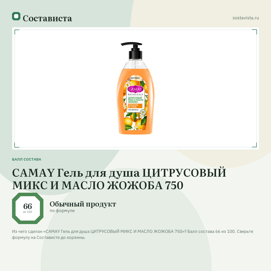 CAMAY Гель для душа ЦИТРУСОВЫЙ МИКС И МАСЛО ЖОЖОБА 750: балл состава 66 из 100 — Состависта