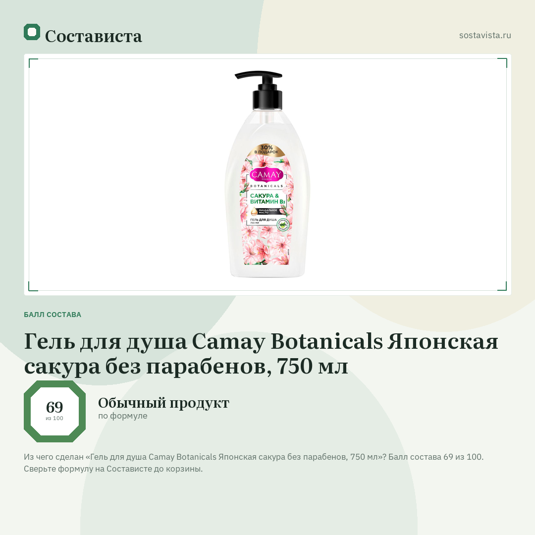 Гель для душа Camay Botanicals Японская сакура без парабенов, 750 мл: балл состава 69 из 100 — Состависта
