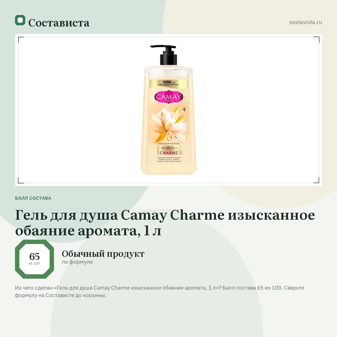 Гель для душа Camay Charme изысканное обаяние аромата, 1 л: балл состава 65 из 100 — Состависта