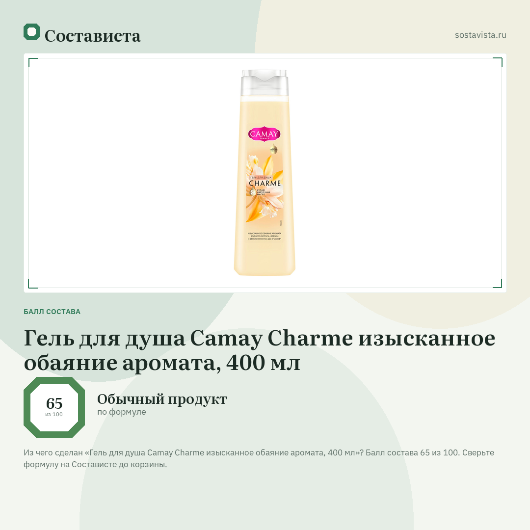 Гель для душа Camay Charme изысканное обаяние аромата, 400 мл: балл состава 65 из 100 — Состависта