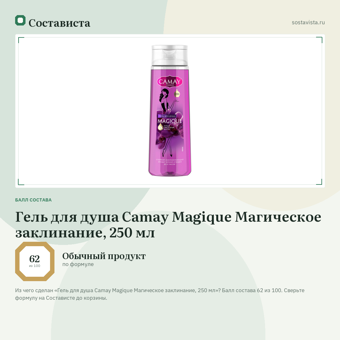 Гель для душа Camay Magique Магическое заклинание, 250 мл: балл состава 62 из 100 — Состависта