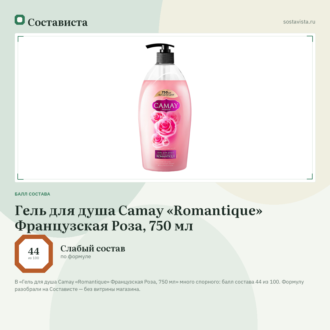 Гель для душа Camay «Romantique» Французская Роза, 750 мл: балл состава 44 из 100 — Состависта