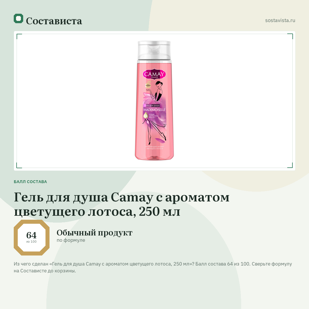 Гель для душа Camay с ароматом цветущего лотоса, 250 мл: балл состава 64 из 100 — Состависта