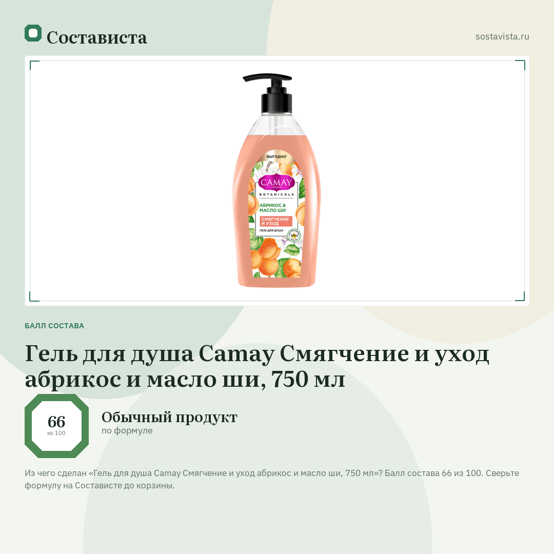 Гель для душа Camay Смягчение и уход абрикос и масло ши, 750 мл: балл состава 66 из 100 — Состависта
