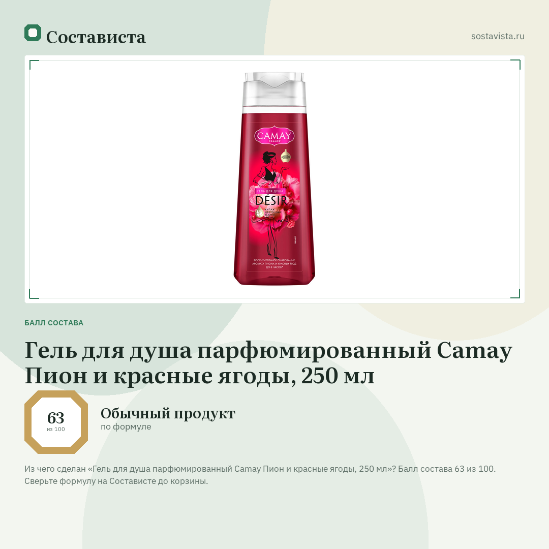 Гель для душа парфюмированный Camay Пион и красные ягоды, 250 мл: балл состава 63 из 100 — Состависта
