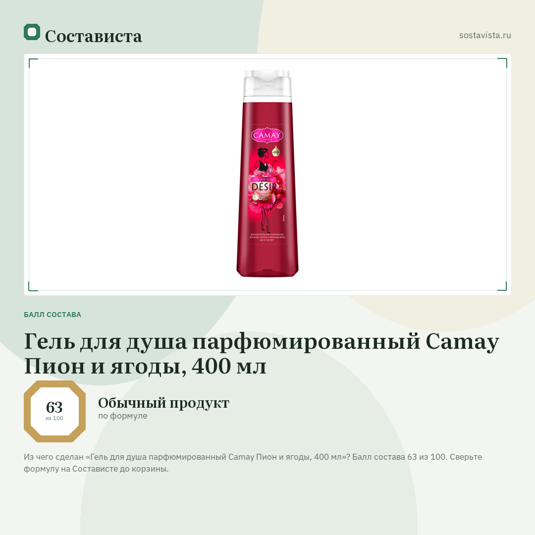 Гель для душа парфюмированный Camay Пион и ягоды, 400 мл: балл состава 63 из 100 — Состависта