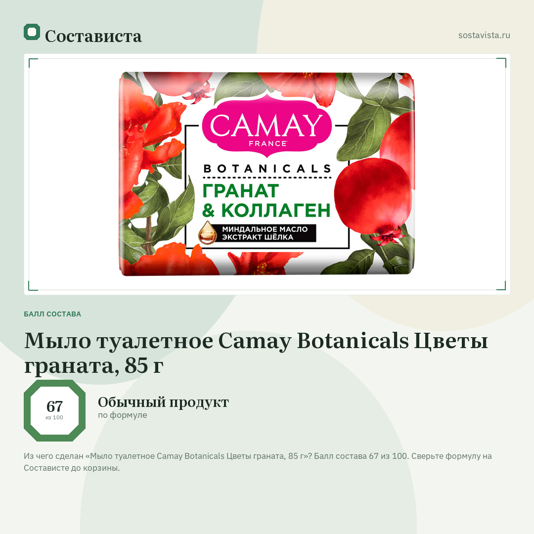 Мыло туалетное Camay Botanicals Цветы граната, 85 г: балл состава 67 из 100 — Состависта