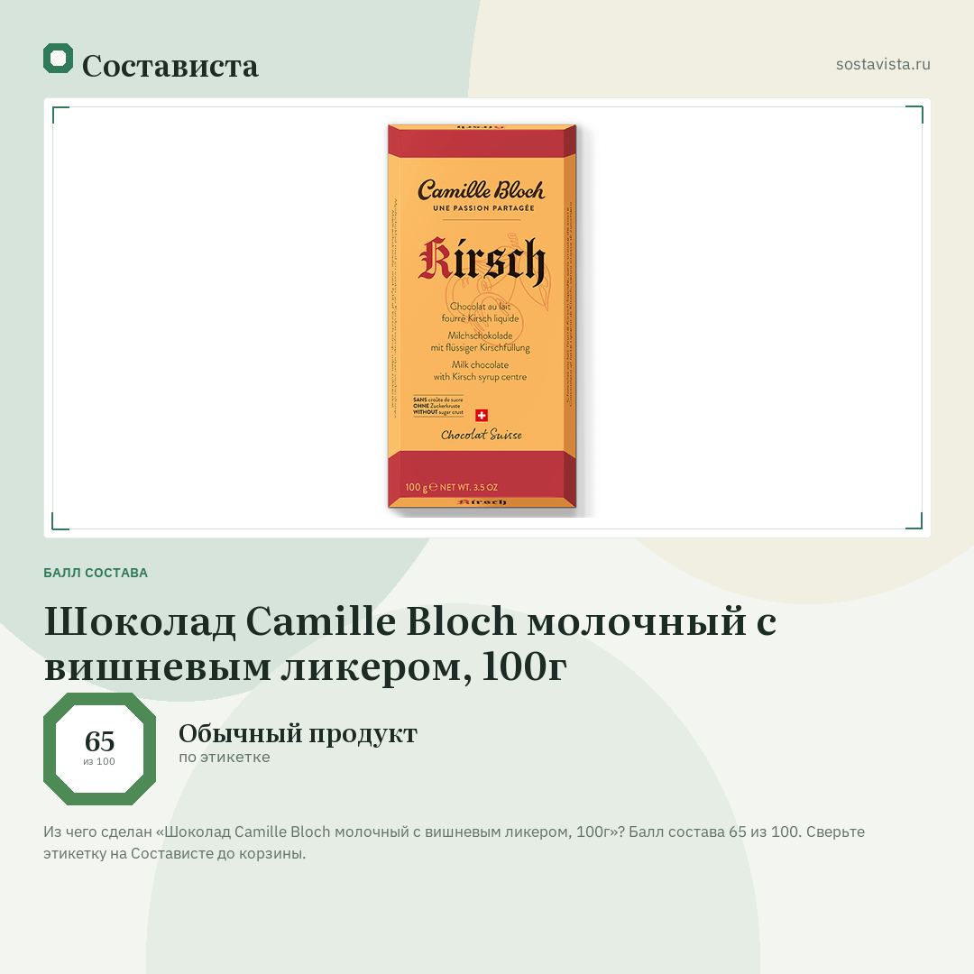Шоколад Camille Bloch молочный с вишневым ликером, 100г: балл состава 65 из 100 — Состависта