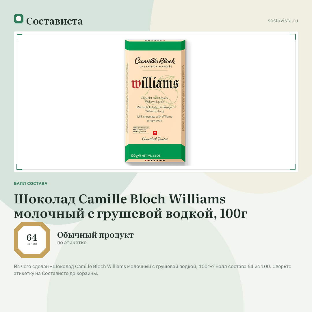 Шоколад Camille Bloch Williams молочный с грушевой водкой, 100г: балл состава 64 из 100 — Состависта