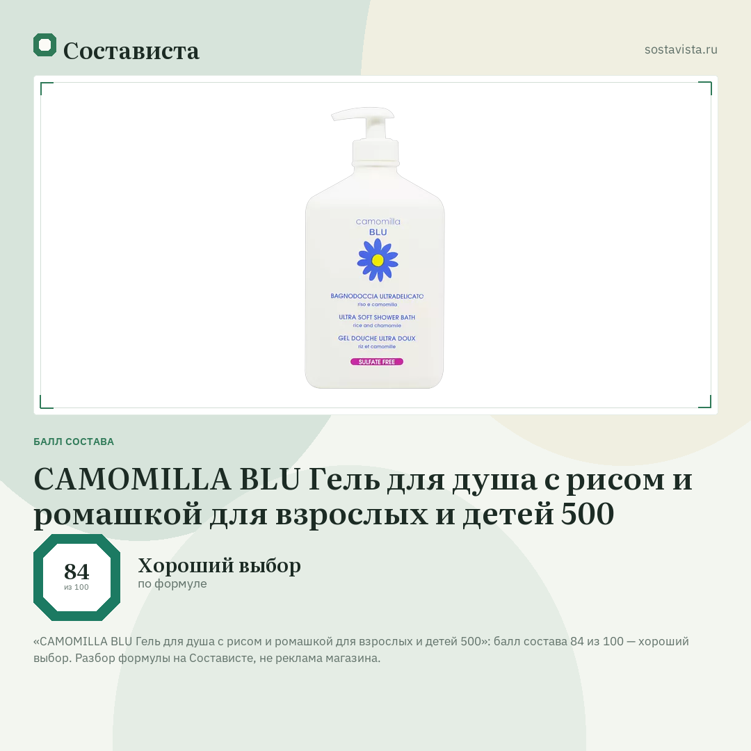 CAMOMILLA BLU Гель для душа с рисом и ромашкой для взрослых и детей 500: балл состава 84 из 100 — Состависта