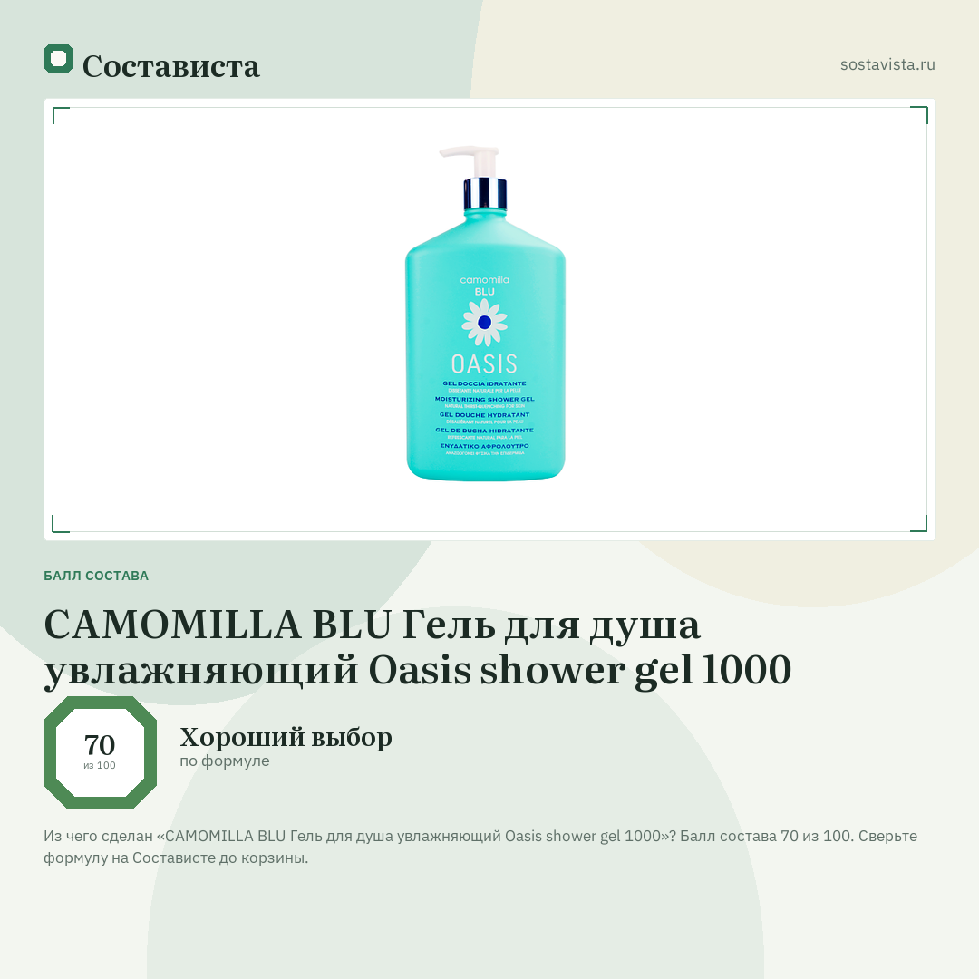 CAMOMILLA BLU Гель для душа увлажняющий Oasis shower gel 1000: балл состава 70 из 100 — Состависта