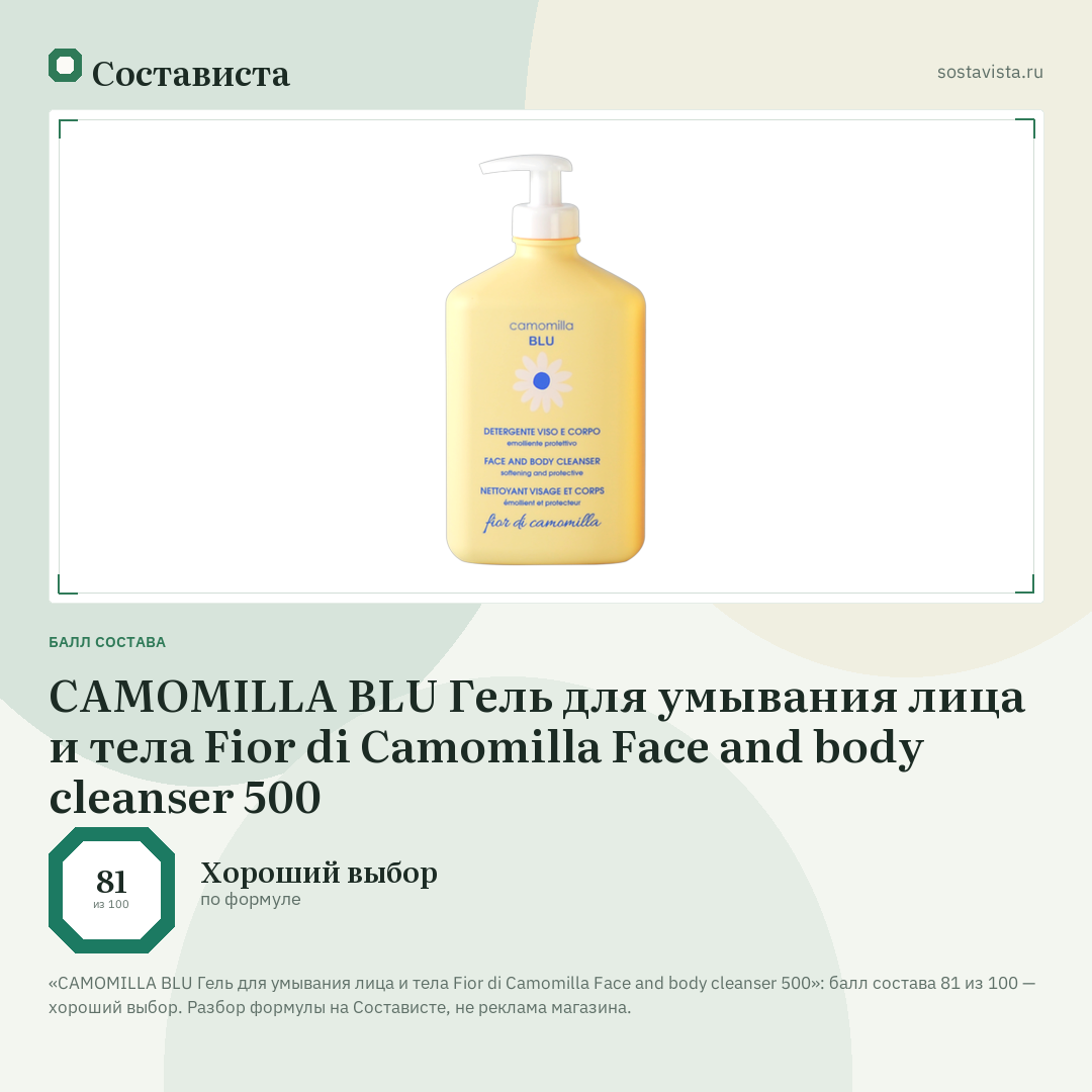 CAMOMILLA BLU Гель для умывания лица и тела Fior di Camomilla Face and body cleanser 500: балл состава 81 из 100 — Состависта