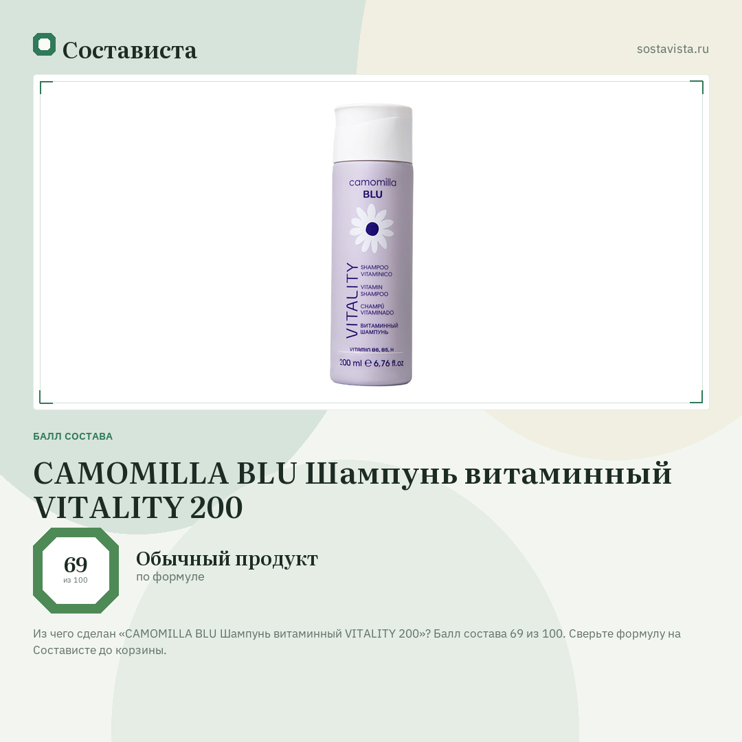 CAMOMILLA BLU Шампунь витаминный VITALITY 200: балл состава 69 из 100 — Состависта