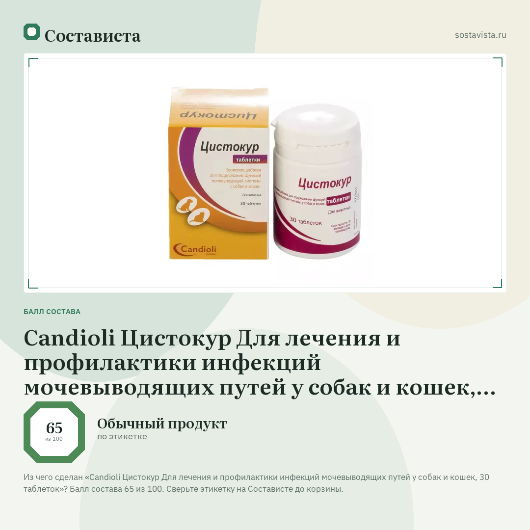 Candioli Цистокур Для лечения и профилактики инфекций мочевыводящих путей у собак и кошек, 30 таблеток: балл состава 65 из 100 — Состависта