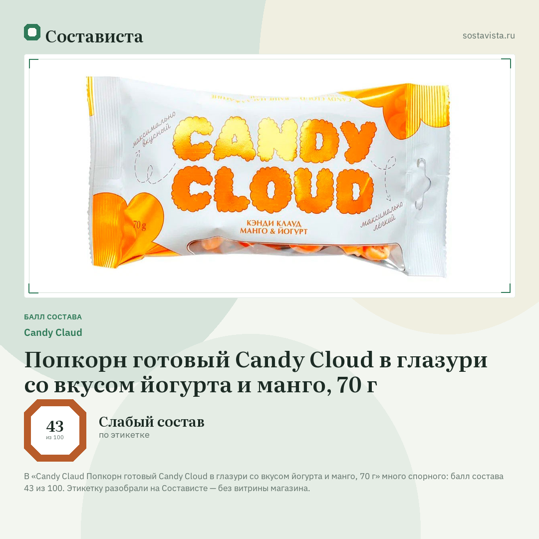 Candy Claud Попкорн готовый Candy Cloud в глазури со вкусом йогурта и манго, 70 г: балл состава 43 из 100 — Состависта