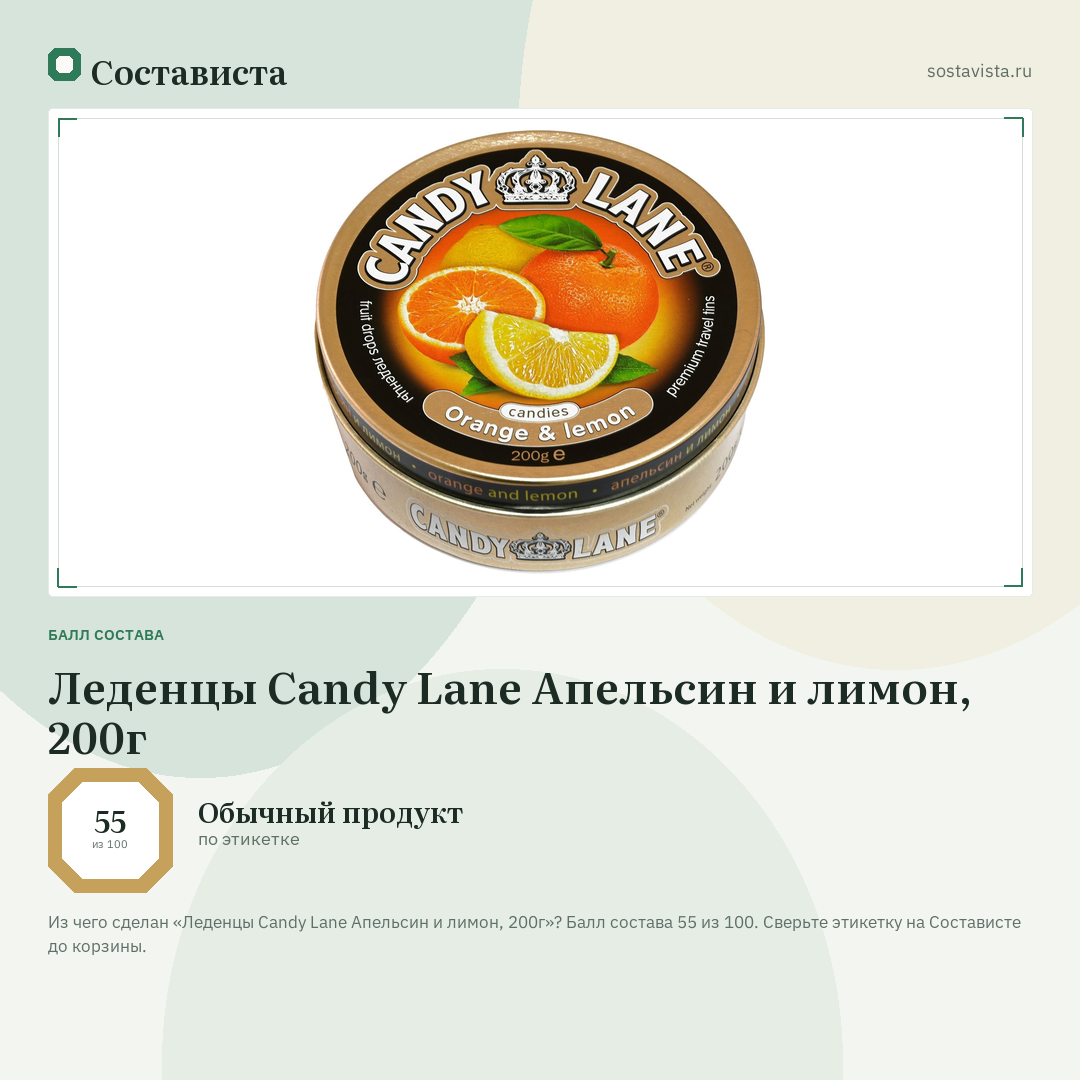 Леденцы Candy Lane Апельсин и лимон, 200г: балл состава 55 из 100 — Состависта