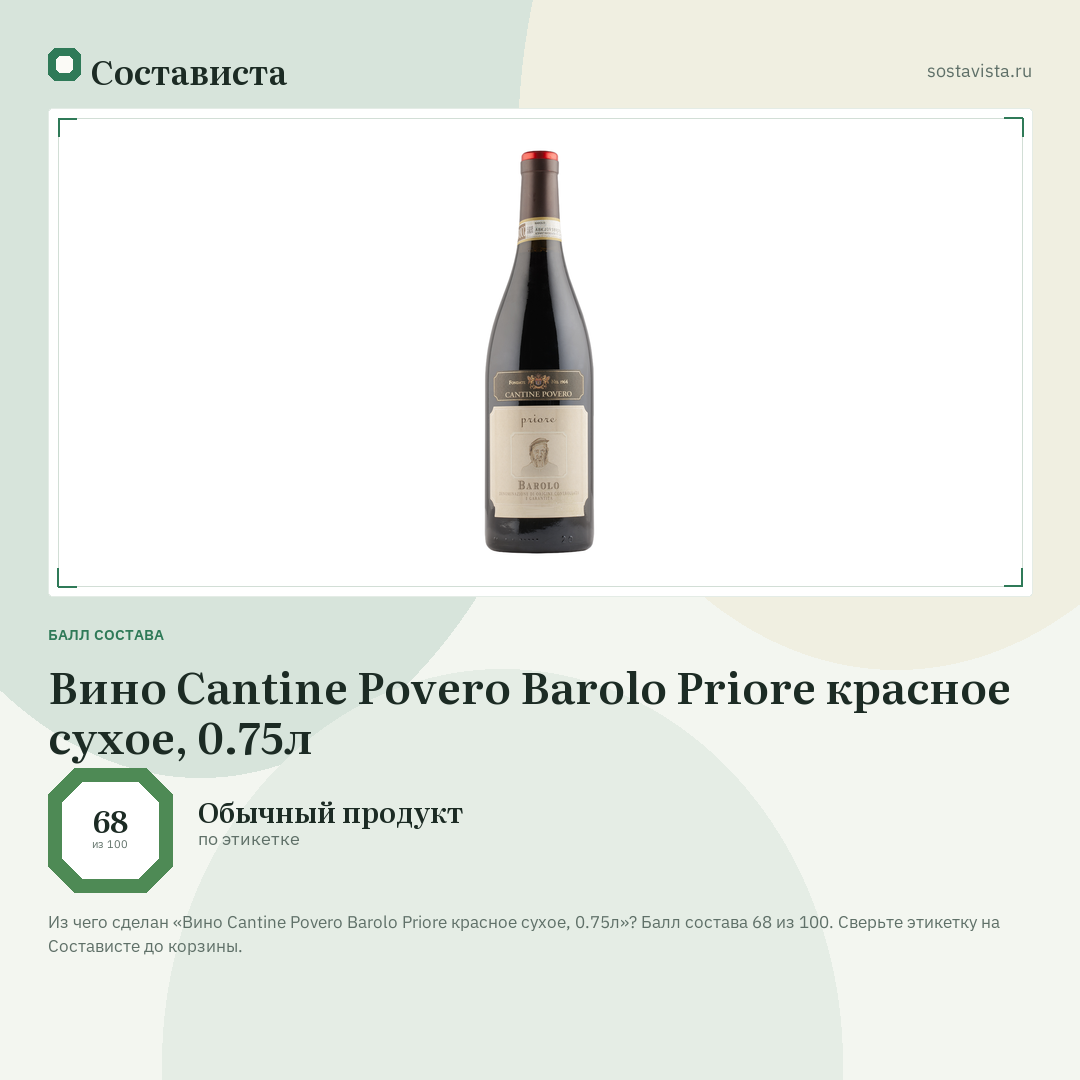 Вино Cantine Povero Barolo Priore красное сухое, 0.75л: балл состава 68 из 100 — Состависта