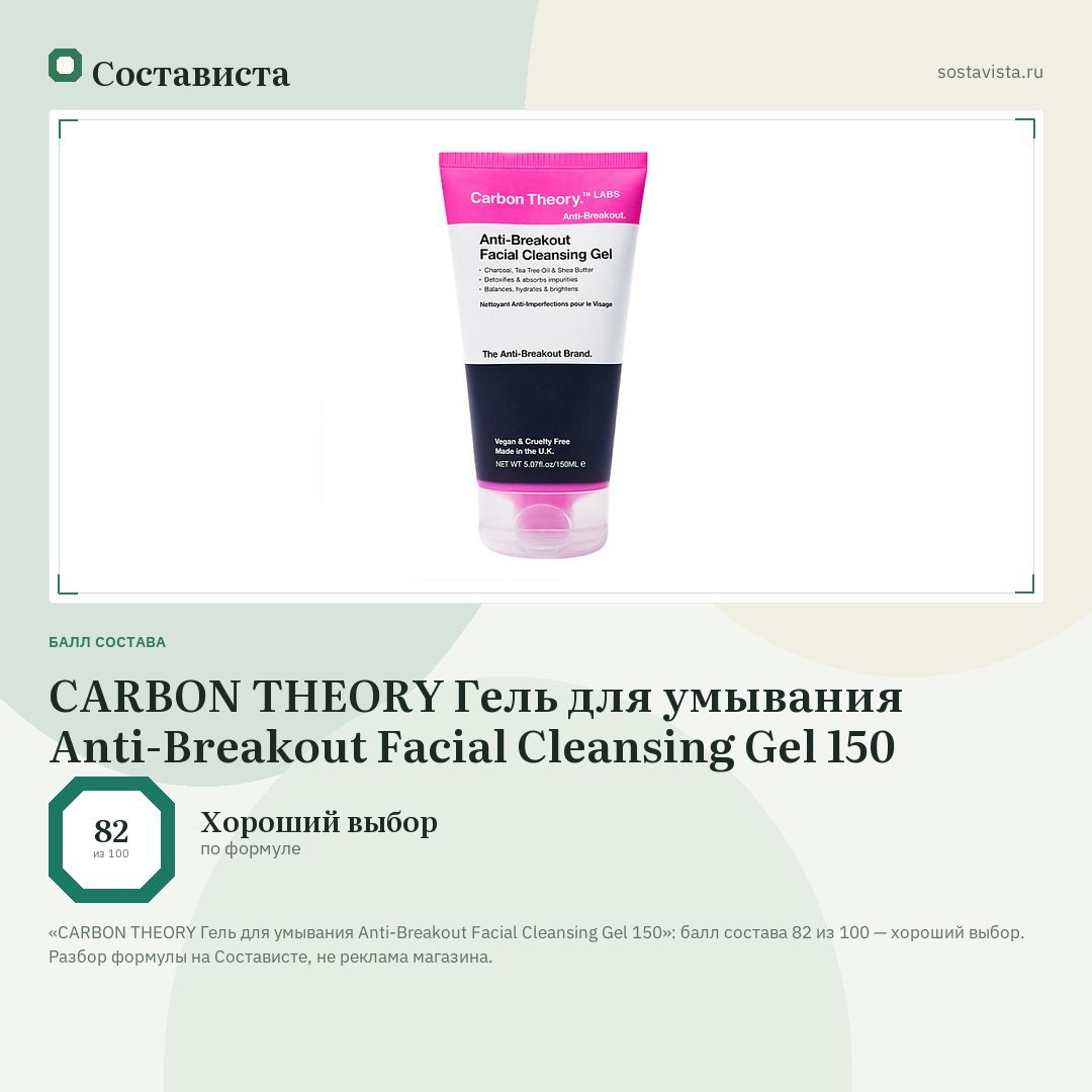 CARBON THEORY Гель для умывания Anti-Breakout Facial Cleansing Gel 150: балл состава 82 из 100 — Состависта