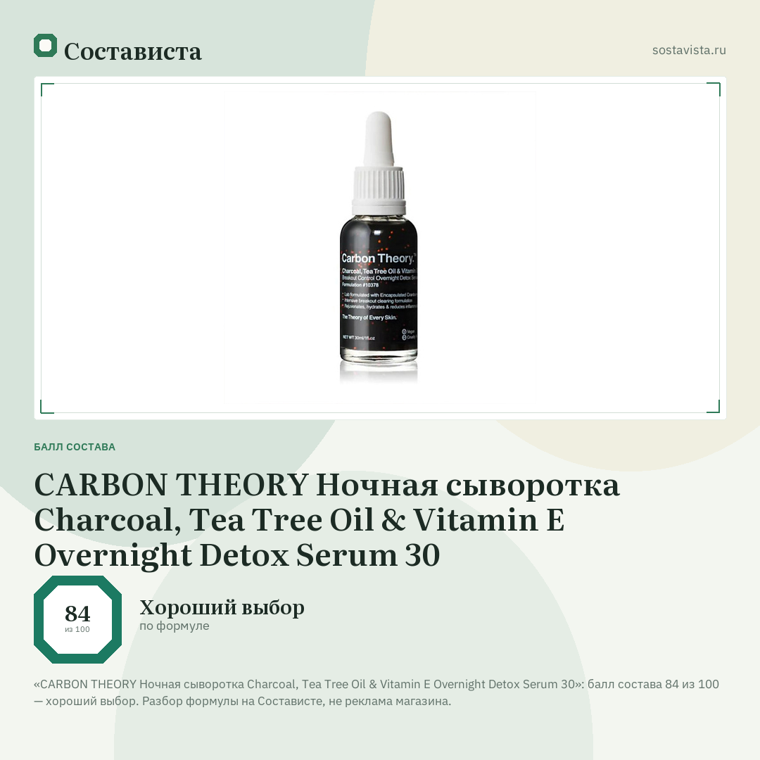 CARBON THEORY Ночная сыворотка Charcoal, Tea Tree Oil & Vitamin E Overnight Detox Serum 30: балл состава 84 из 100 — Состависта