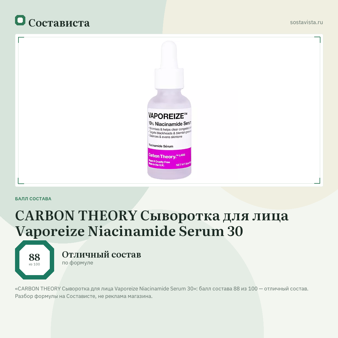 CARBON THEORY Сыворотка для лица Vaporeize Niacinamide Serum 30: балл состава 88 из 100 — Состависта