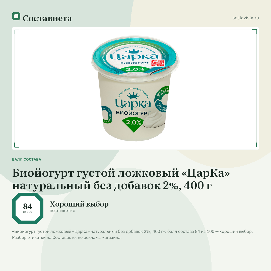 Биойогурт густой ложковый «ЦарКа» натуральный без добавок 2%, 400 г: балл состава 84 из 100 — Состависта