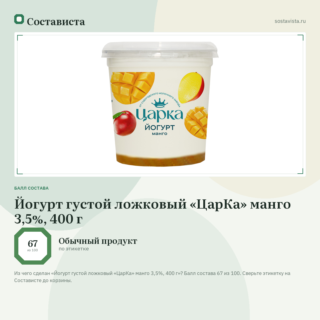 Йогурт густой ложковый «ЦарКа» манго 3,5%, 400 г: балл состава 67 из 100 — Состависта