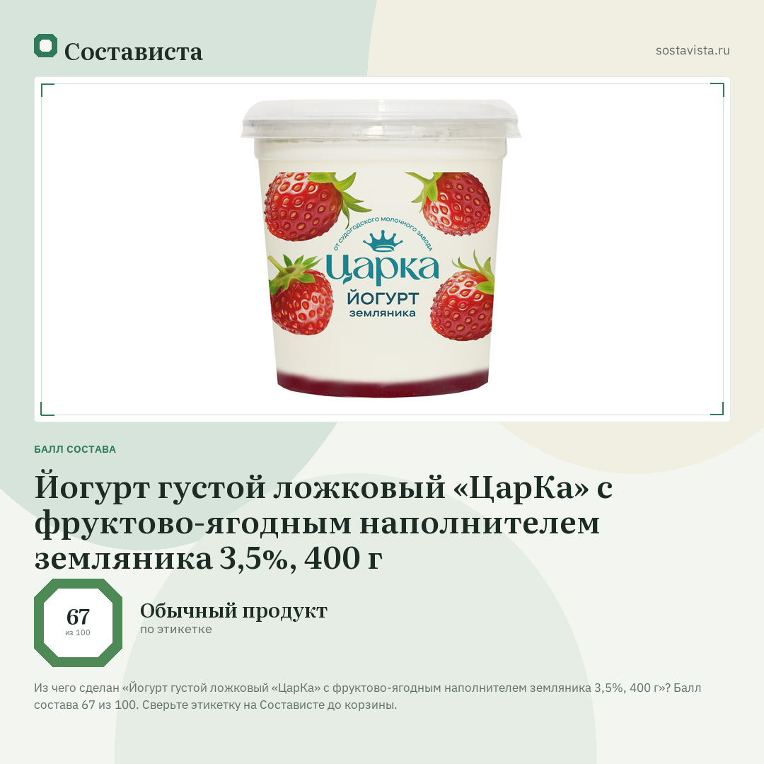 Йогурт густой ложковый «ЦарКа» с фруктово-ягодным наполнителем земляника 3,5%, 400 г: балл состава 67 из 100 — Состависта