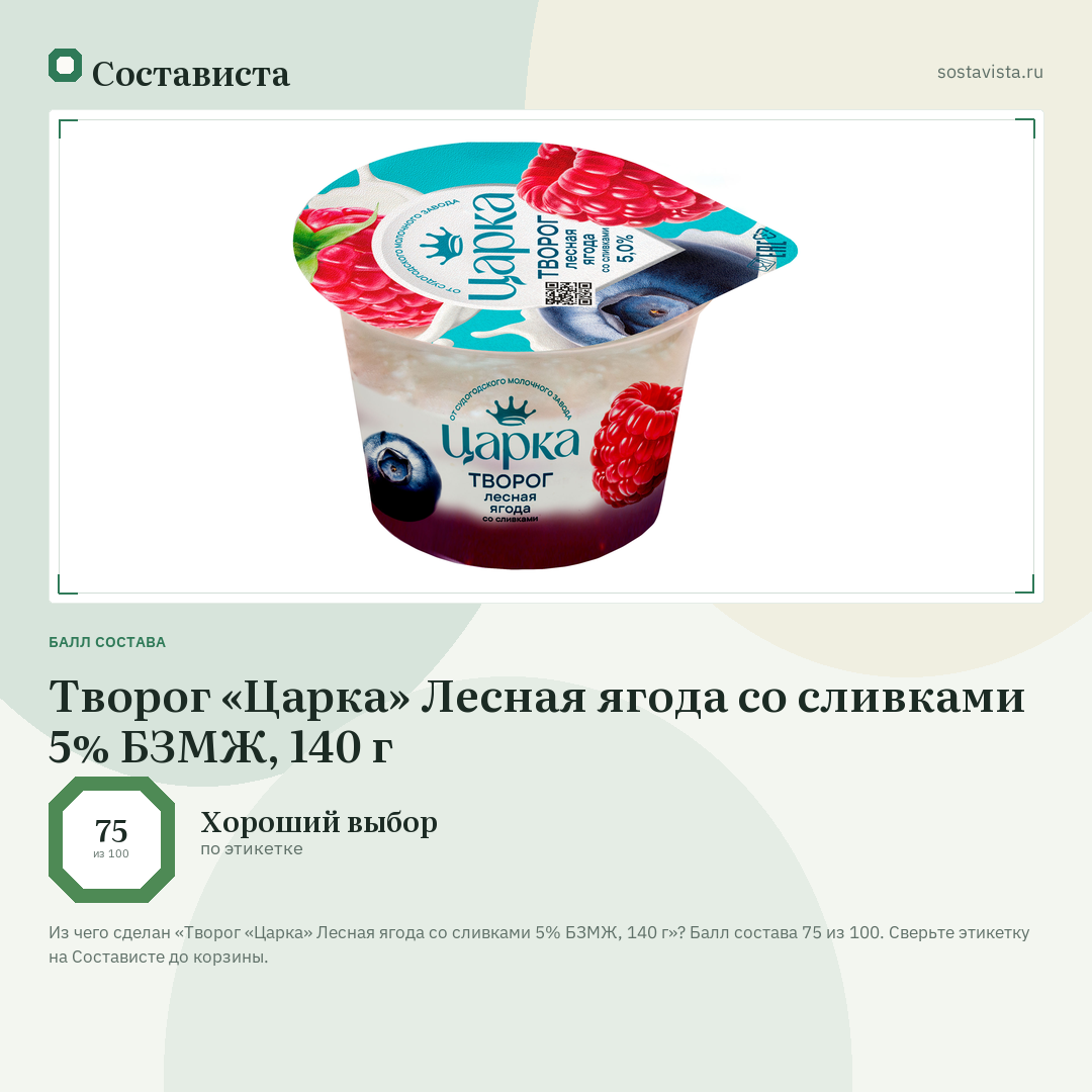 Творог «Царка» Лесная ягода со сливками 5% БЗМЖ, 140 г: балл состава 75 из 100 — Состависта