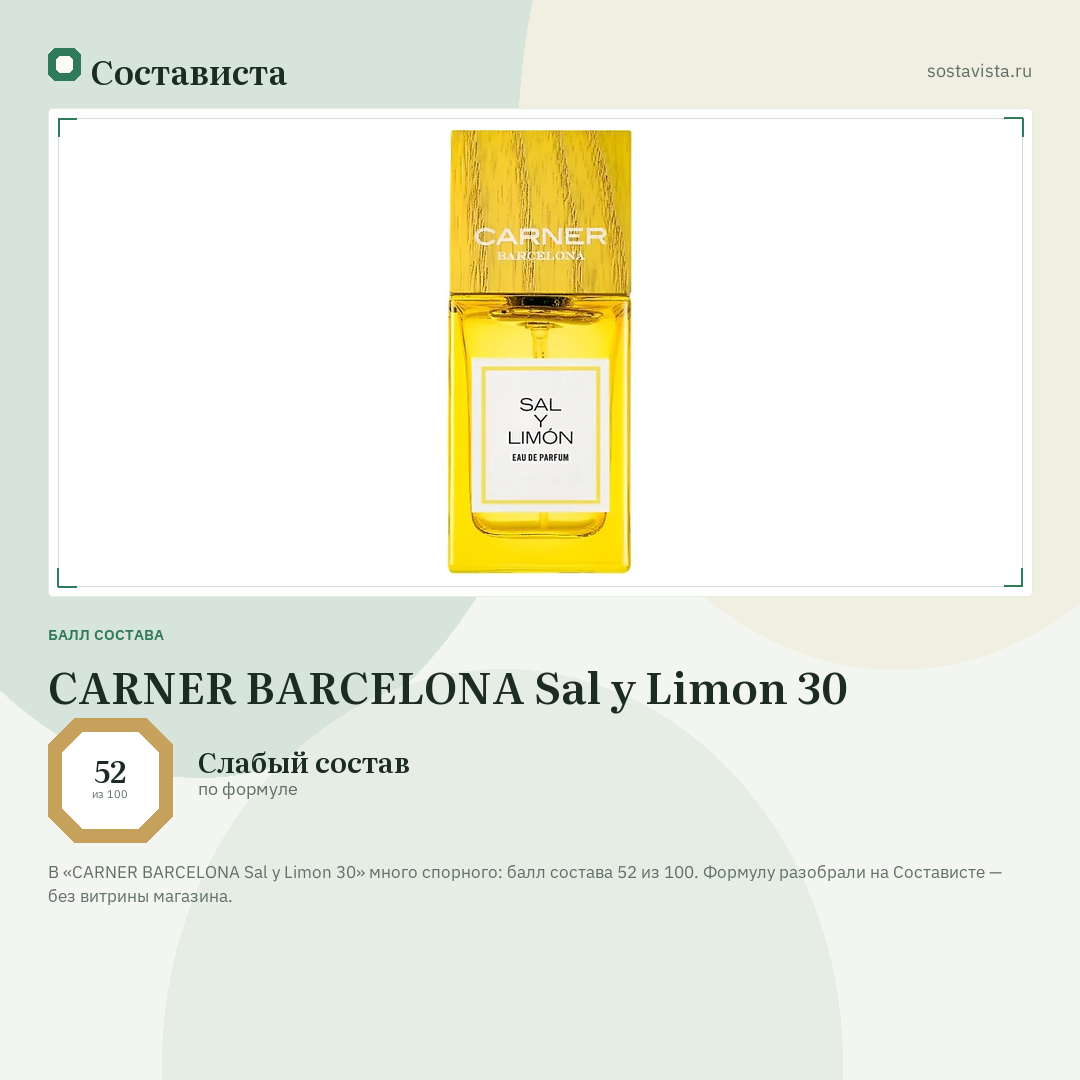 CARNER BARCELONA Sal y Limon 30: балл состава 52 из 100 — Состависта
