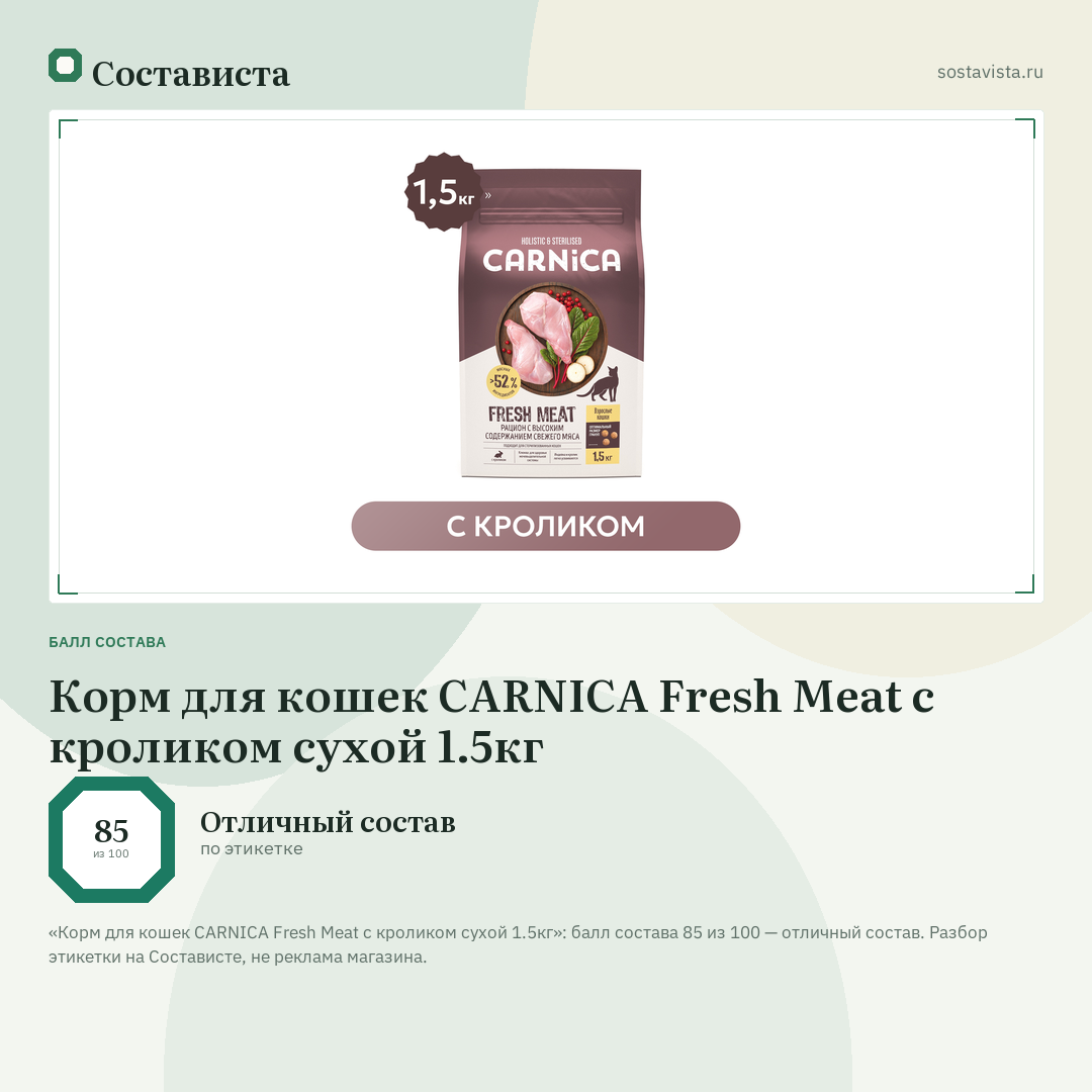 Корм для кошек CARNICA Fresh Meat с кроликом сухой 1.5кг: балл состава 85 из 100 — Состависта