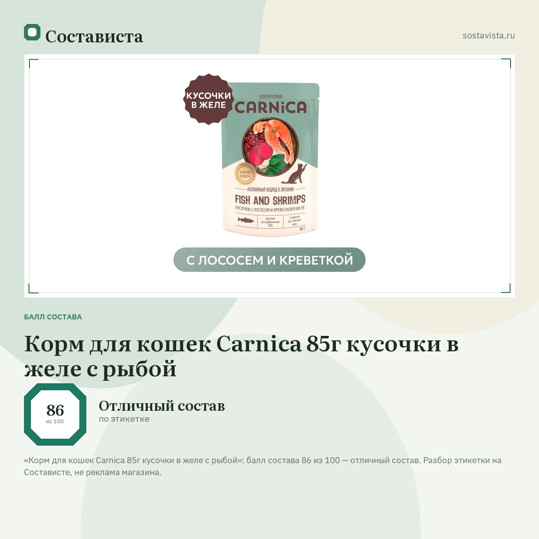 Корм для кошек Carnica 85г кусочки в желе с рыбой: балл состава 86 из 100 — Состависта