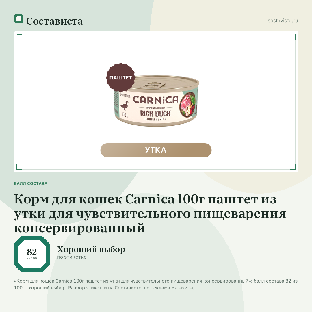 Корм для кошек Carnica 100г паштет из утки для чувствительного пищеварения консервированный: балл состава 82 из 100 — Состависта