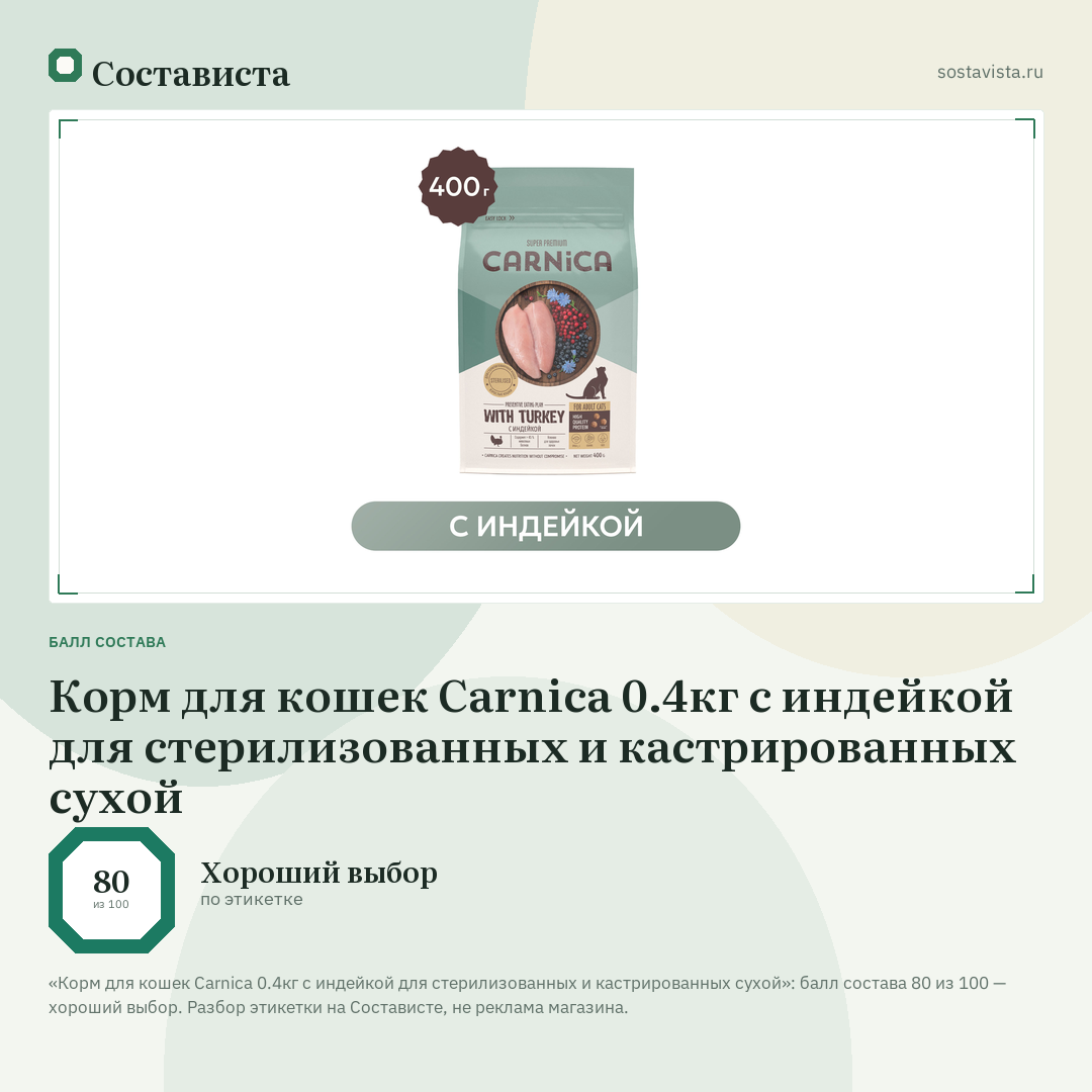 Корм для кошек Carnica 0.4кг с индейкой для стерилизованных и кастрированных сухой: балл состава 80 из 100 — Состависта