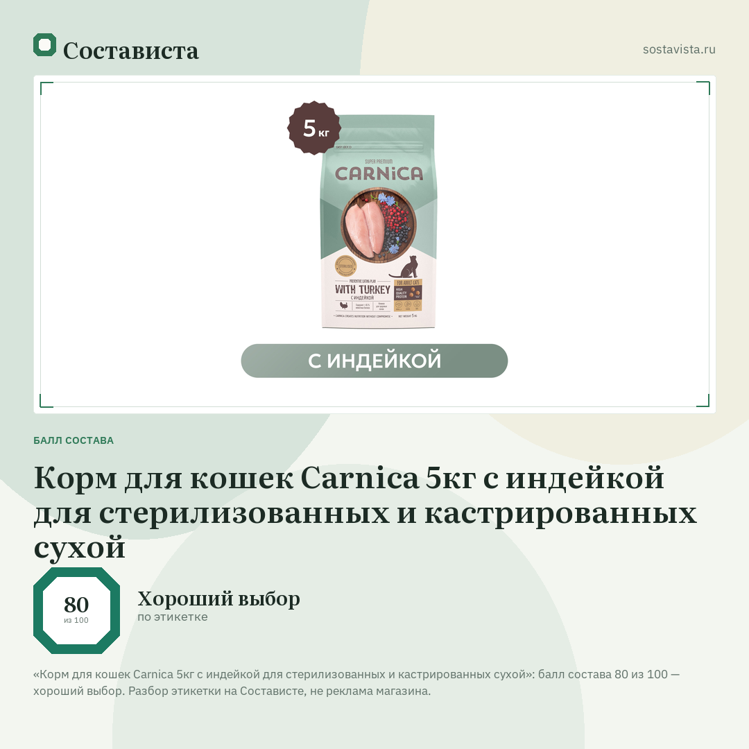 Корм для кошек Carnica 5кг с индейкой для стерилизованных и кастрированных сухой: балл состава 80 из 100 — Состависта
