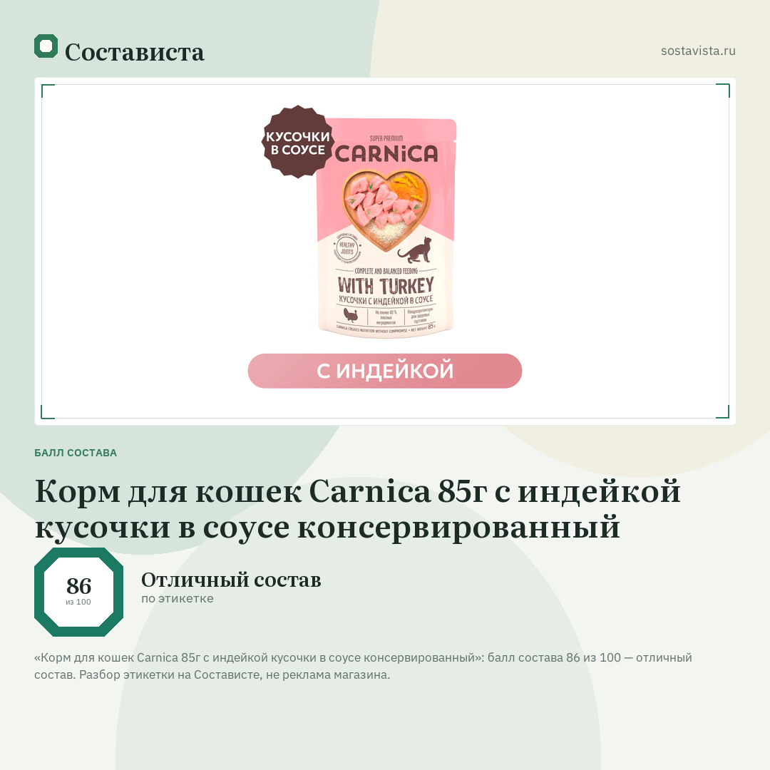 Корм для кошек Carnica 85г с индейкой кусочки в соусе консервированный: балл состава 86 из 100 — Состависта