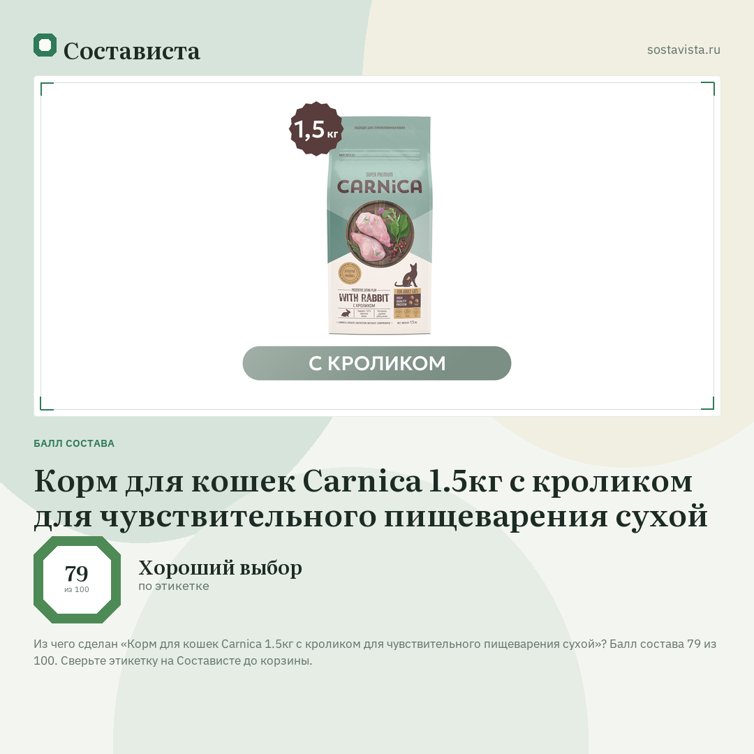 Корм для кошек Carnica 1.5кг с кроликом для чувствительного пищеварения сухой: балл состава 79 из 100 — Состависта
