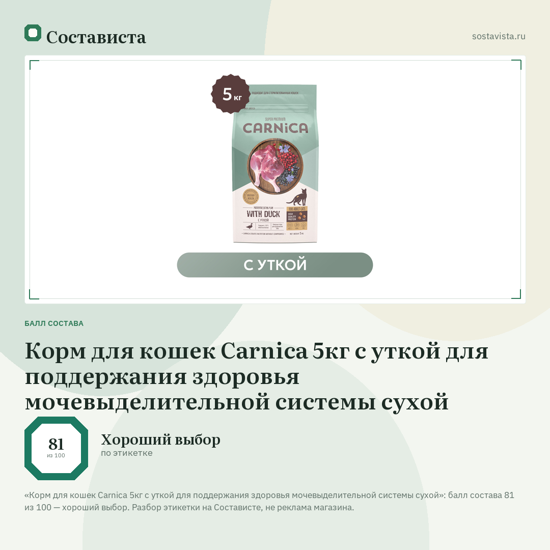 Корм для кошек Carnica 5кг с уткой для поддержания здоровья мочевыделительной системы сухой: балл состава 81 из 100 — Состависта