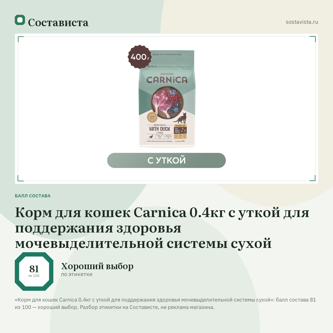 Корм для кошек Carnica 0.4кг с уткой для поддержания здоровья мочевыделительной системы сухой: балл состава 81 из 100 — Состависта