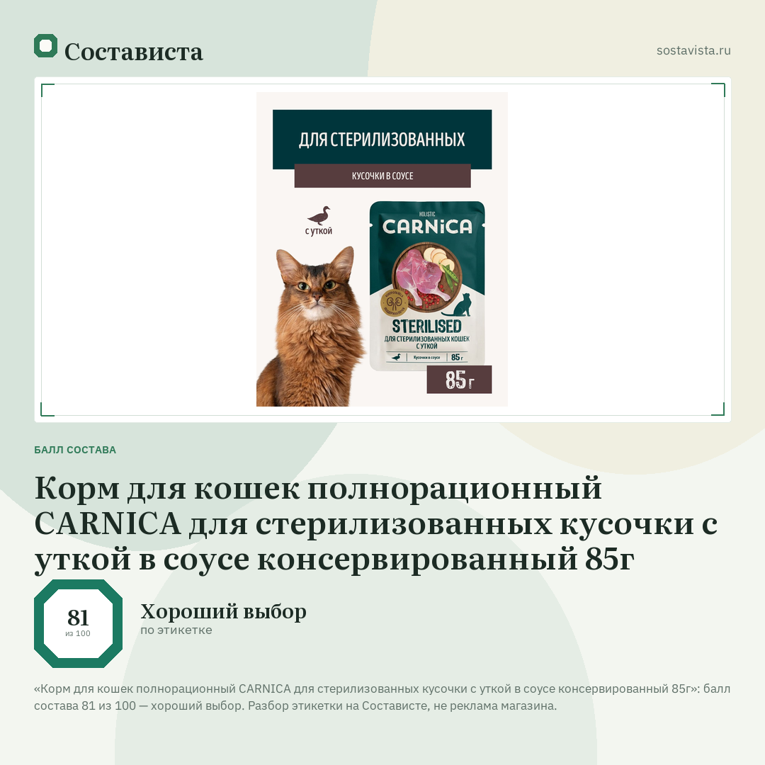 Корм для кошек полнорационный CARNICA для стерилизованных кусочки с уткой в соусе консервированный 85г: балл состава 81 из 100 — Состависта