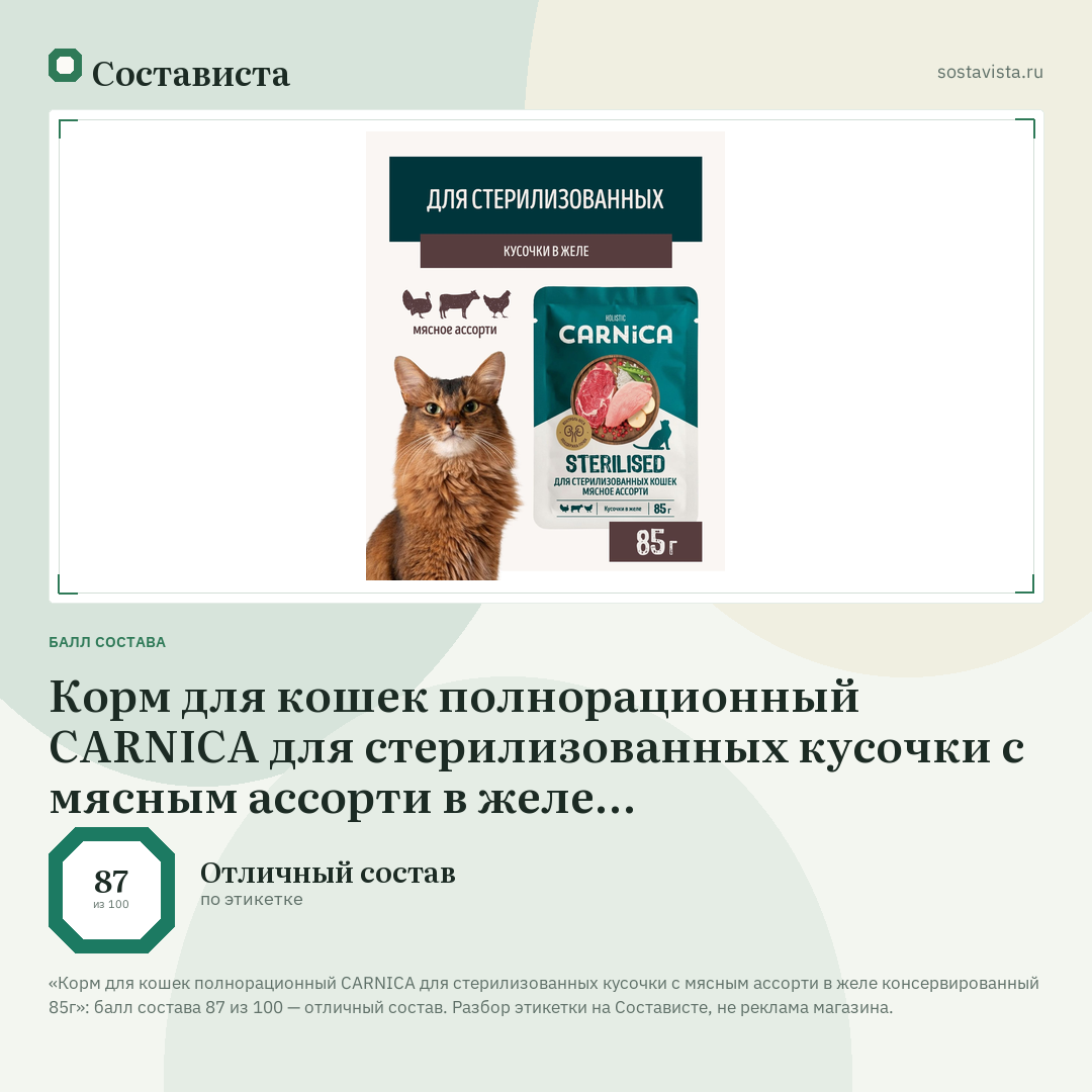 Корм для кошек полнорационный CARNICA для стерилизованных кусочки с мясным ассорти в желе консервированный 85г: балл состава 87 из 100 — Состависта
