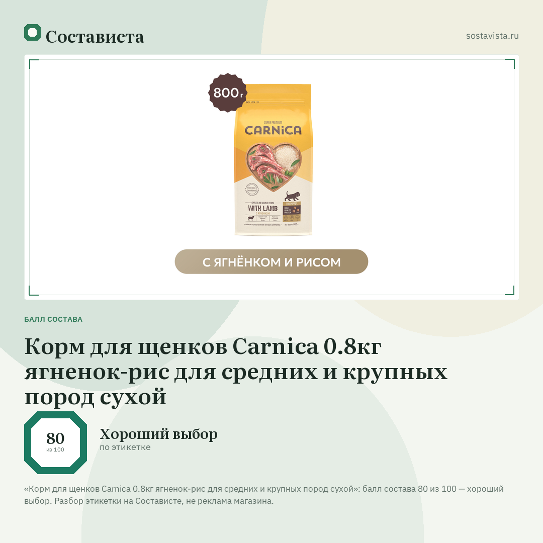 Корм для щенков Carnica 0.8кг ягненок-рис для средних и крупных пород сухой: балл состава 80 из 100 — Состависта