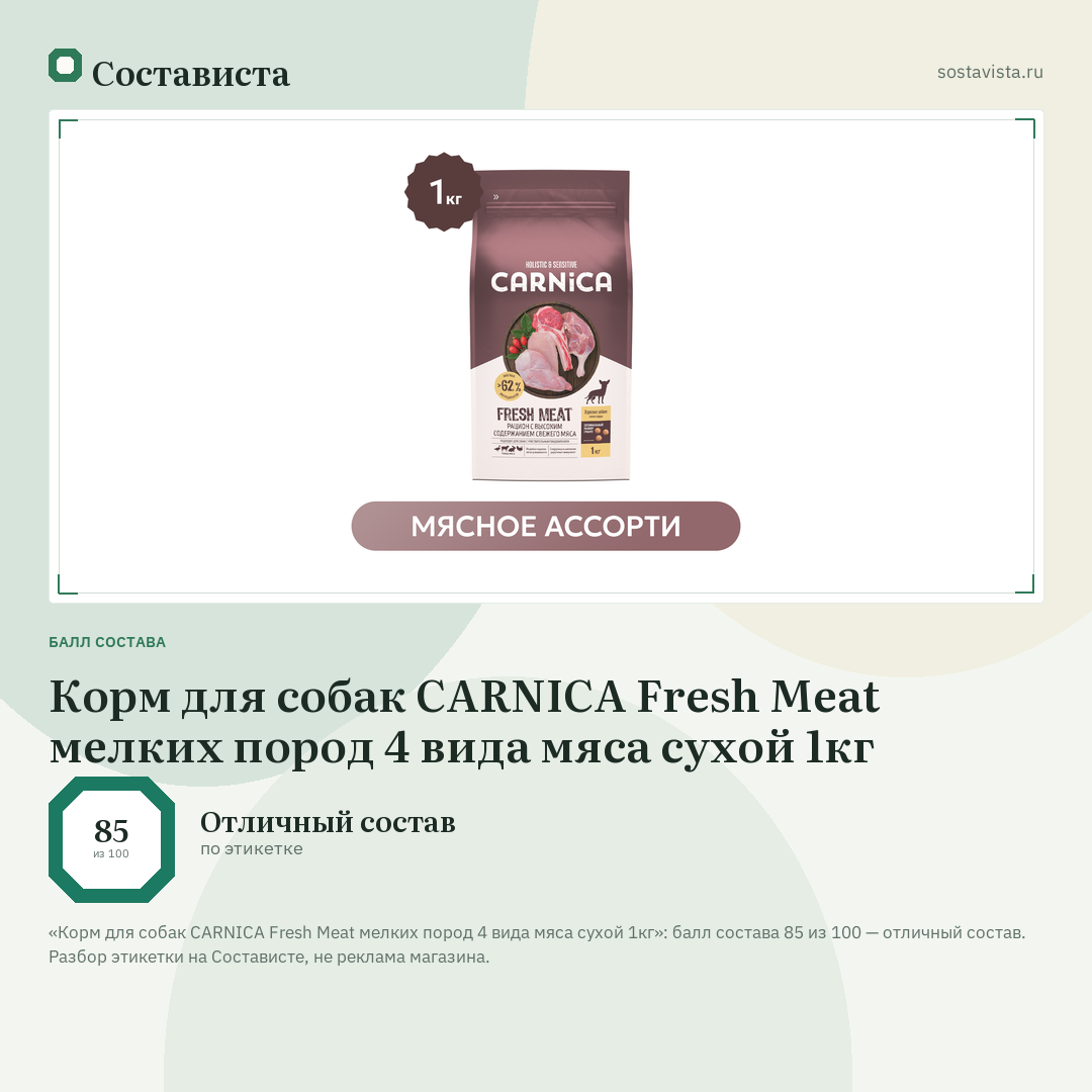 Корм для собак CARNICA Fresh Meat мелких пород 4 вида мяса сухой 1кг: балл состава 85 из 100 — Состависта