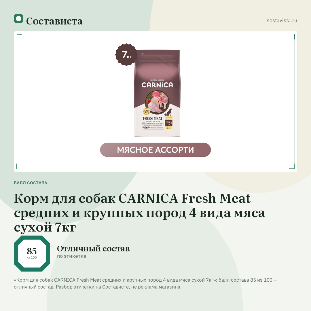 Корм для собак CARNICA Fresh Meat средних и крупных пород 4 вида мяса сухой 7кг: балл состава 85 из 100 — Состависта