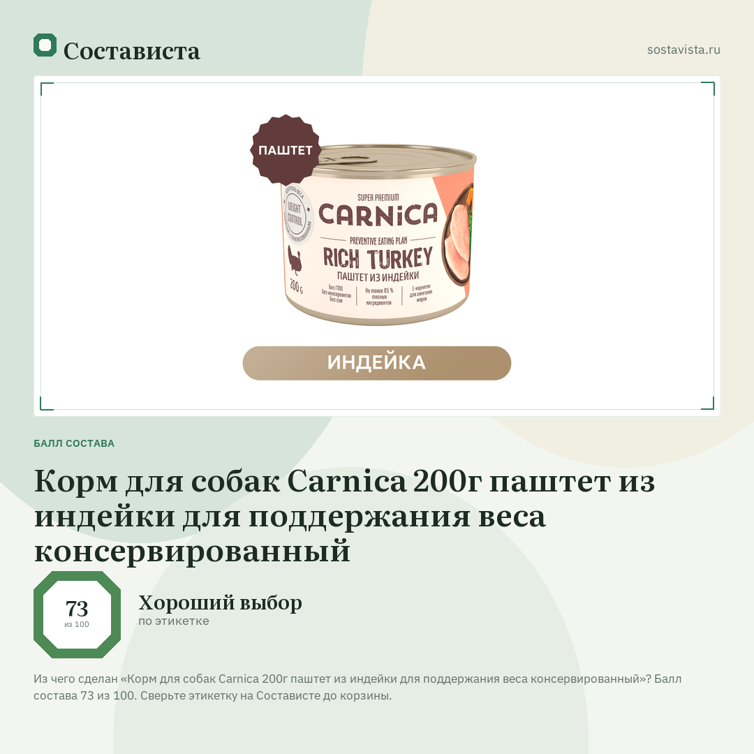 Корм для собак Carnica 200г паштет из индейки для поддержания веса консервированный: балл состава 73 из 100 — Состависта